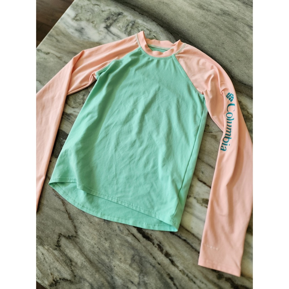 Columbia Kids Rash Guard Long Sleeve Mint Peach Omni-Shade UPF Size M 10/12